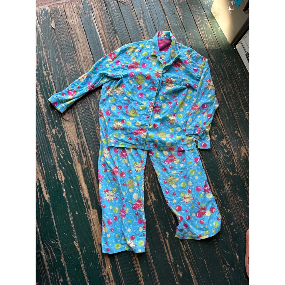 Victorias Secret Pajama Set Medium Blue Cotton Flannel Fizz Pop Bubble Print